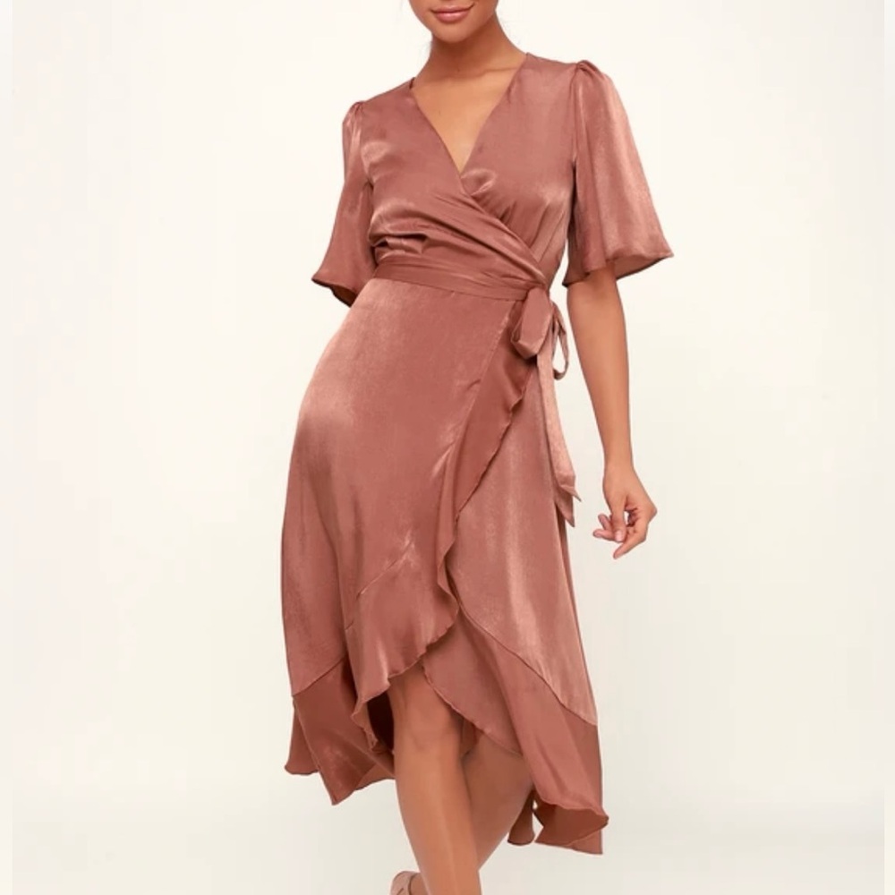 Midi dress: Wrapped Up In Love Mauve Satin Faux-Wrap XL